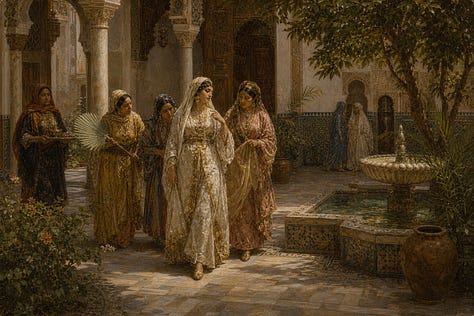 Three images from a Maghrebi-inspired visual series: a warm spice market, an elegant woman accompanied by attendants, and a ceremonial palace feast, all rendered with ornate textiles, metalwork, arches, carpets, and Islamic-inspired decorative details.
