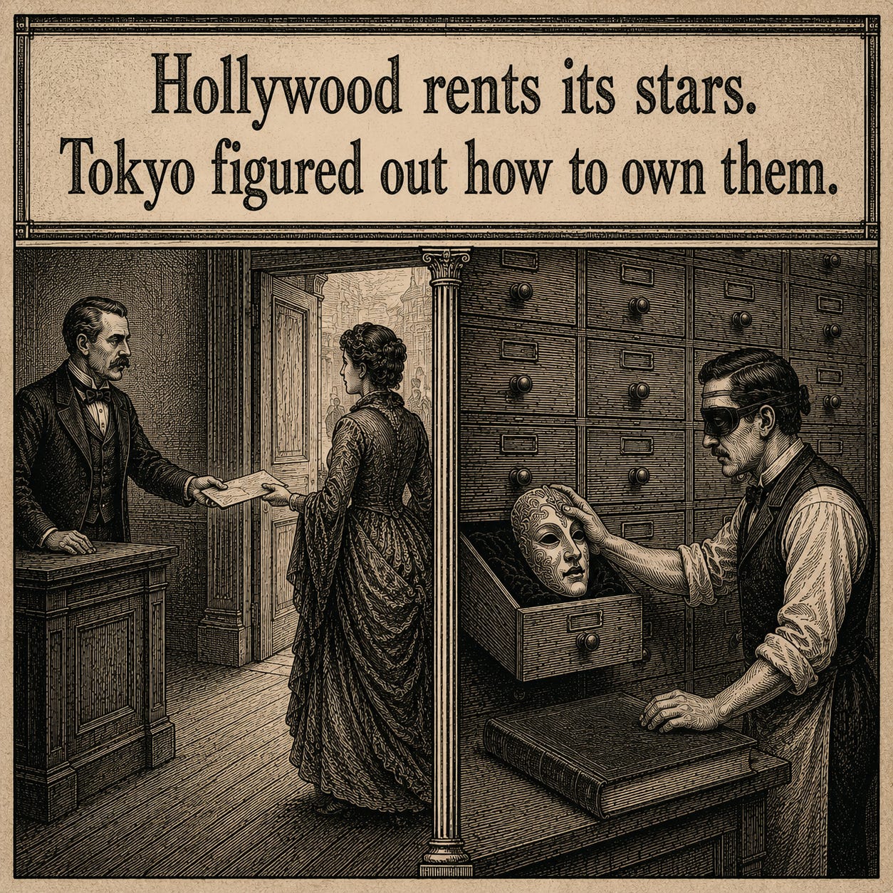 Wood-engraving pull-quote card in the Thomas Nast Harper's Weekly style for Attention Capital's essay The Graduation Problem, carrying the engraved line "Hollywood rents its stars. Tokyo figured out how to own them." Below the lettering, a split scene contrasts a talent agent handing a contract to a departing star with a registry clerk laying a theatrical mask into a vault drawer. The card compresses the essay's thesis: American talent representation rents attention that walks at contract end, while Tokyo's VTuber agencies COVER and ANYCOLOR hold the character as corporate property. Keywords: talent ownership, character IP, VTuber agency, attention as collateral, Hollywood studio system.