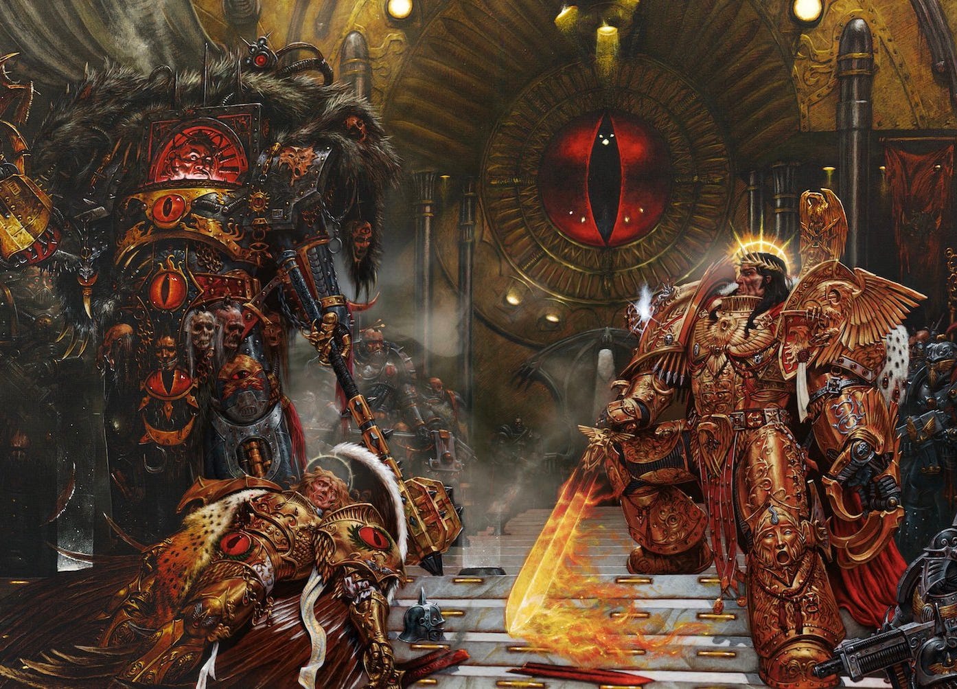 A dramatic rendition of the Emperor of Mankind facing off against Horus Lupercal, the body of Sanguinius on the ground between them.