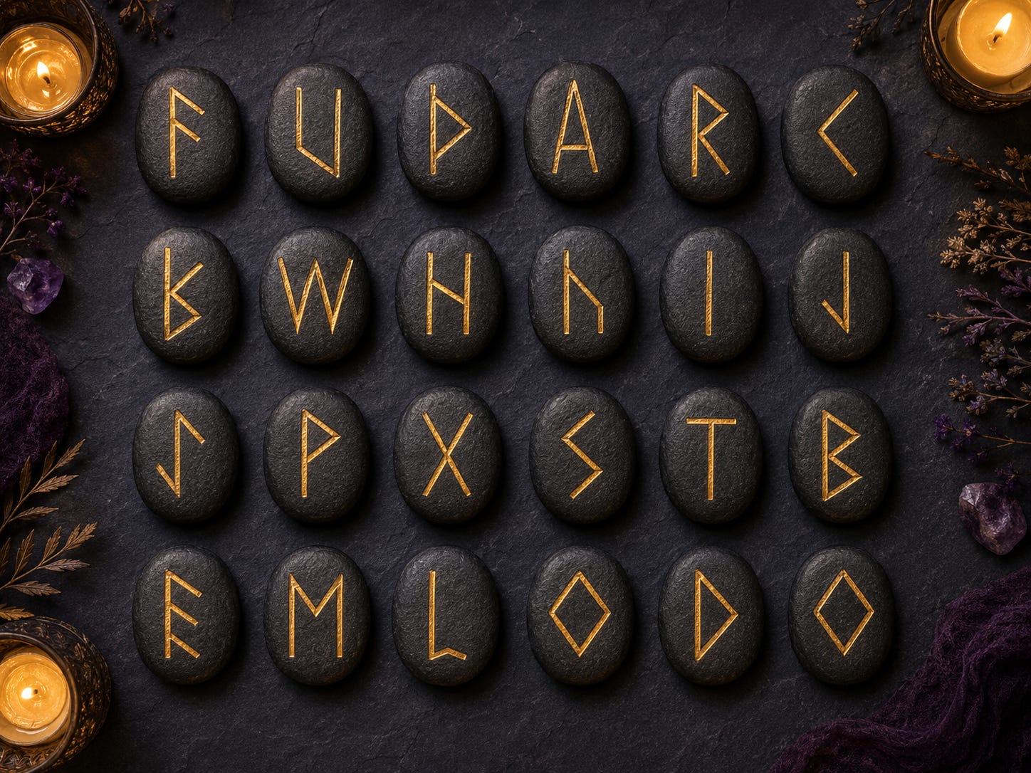 The complete 24-rune Elder Futhark alphabet carved in gold on dark stones, arranged in a grid on slate between two candles The complete 24-rune Elder Futhark alphabet carved in gold on dark stones, arranged in a grid on slate between two candles