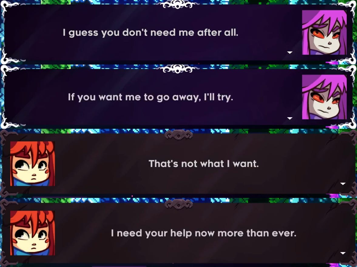 Me talking to my anxiety via a conversation between Madeline and Badeline from the indie game Celeste.