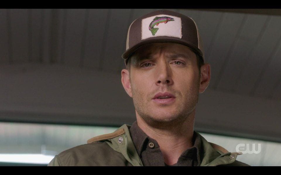 Dean Winchester in hat with salmon on it Dean Winchester in hat with salmon on it