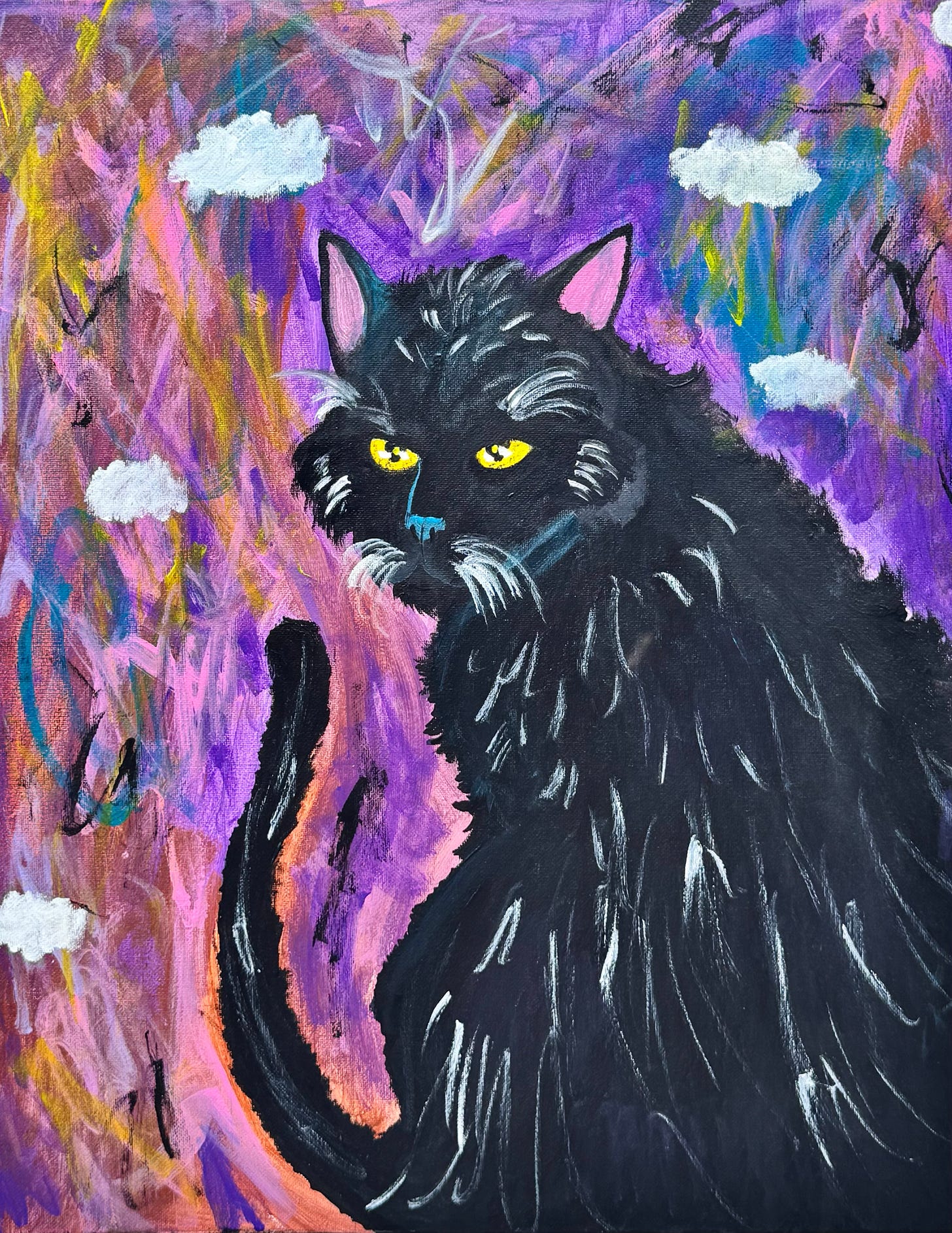 A black cat with a curious expression on a colorful purple background, painting.