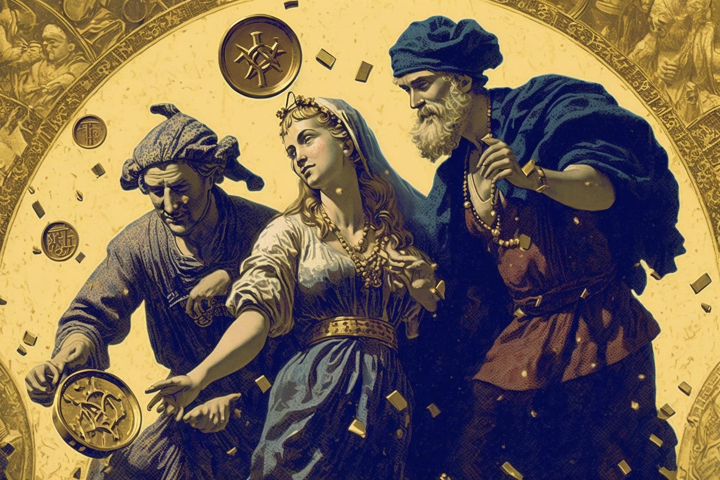 Midjourney-generated art of three astrologers surrounded by a yellow zodiac and a few sparse coins and bars of gold