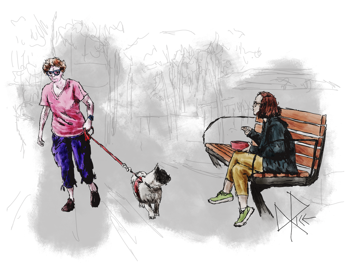 Walking in a park, a woman holds firmly to a leash as the dog at the other end pulls in a different direction while attracted by the smell of a stranger’s lunch. Sketch art by Don Rice. Walking in a park, a woman holds firmly to a leash as the dog at the other end pulls in a different direction while attracted by the smell of a stranger’s lunch. Sketch art by Don Rice.