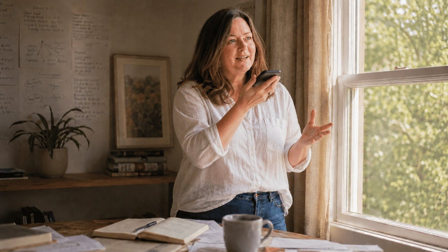 A woman in a bright home office holds her phone and gestures thoughtfully toward a window, surrounded by open notebooks and handwritten notes, illustrating the idea of reconnecting with past clients through a simple, human conversation.