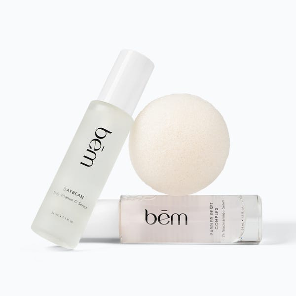 Three Bēm skincare products on a white background Three Bēm skincare products on a white background