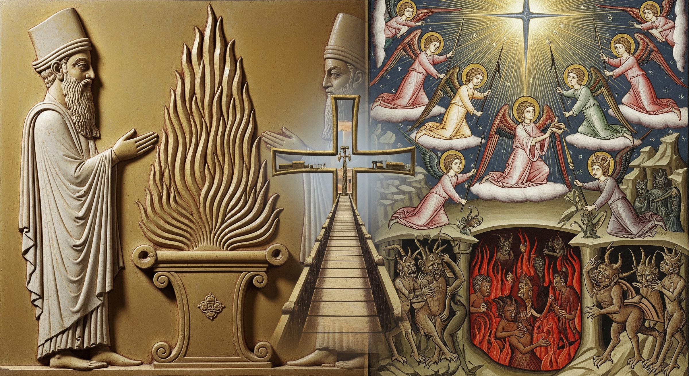 Ancient Persian Zoroastrian priest before a fire altar beside a Christian heaven-and-hell scene, symbolizing shared religious concepts. Ancient Persian Zoroastrian priest before a fire altar beside a Christian heaven-and-hell scene, symbolizing shared religious concepts.