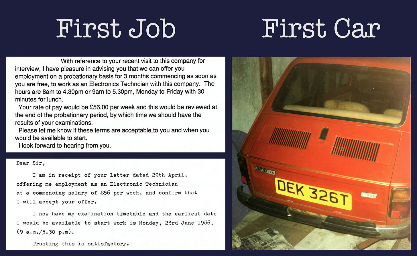 A job offer of £56/week, an acceptance letter, and a 1979 Fiat 126.