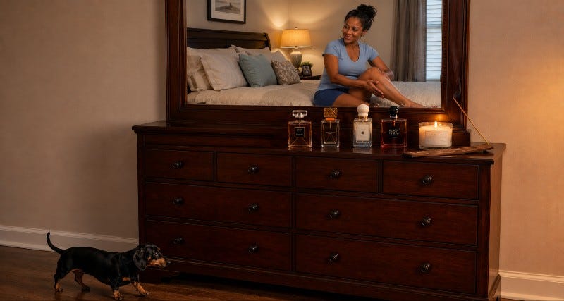 Dachshund walks by a dresser full of perfume and a lit candle