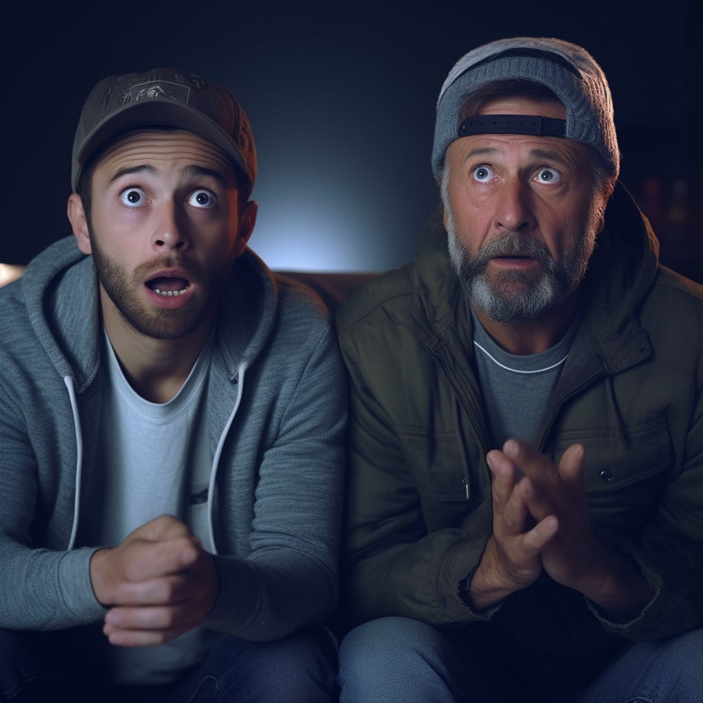 2 fathers side by side. one of them is from Israel and looks delighted, cheering on his son. The other is from Sweeden and looks ashamed of his son. UltraHD, 8k, --v 5.2 --style raw