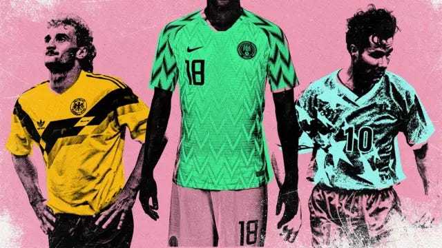 Arte gráfica com as camisas da Alemanha Ocidental de 1990, da Nigéria de 2018 e dos Estados Unidos de 1994