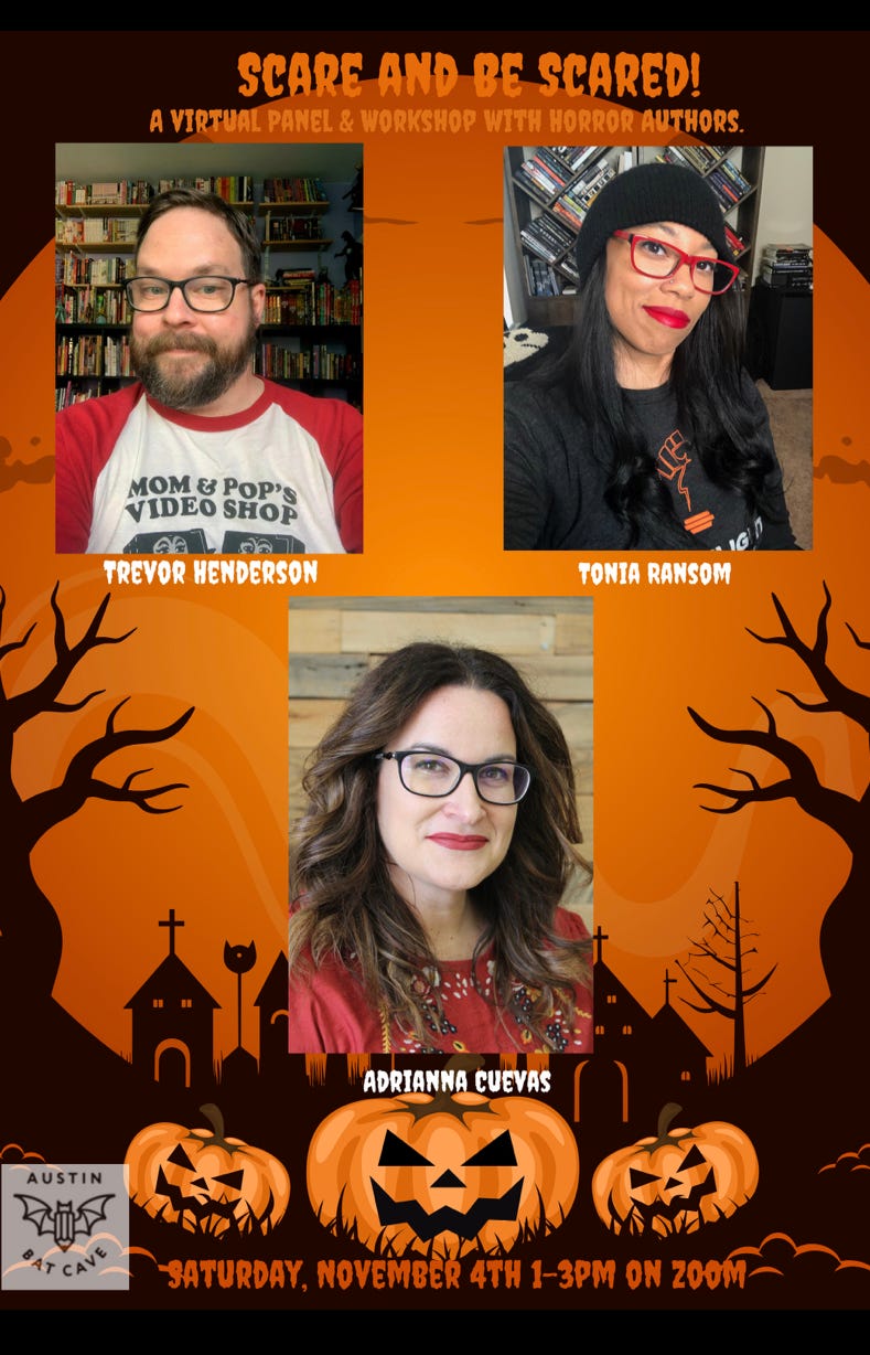     This photo shows Three of the horror Authors that will be in the virtual panel and workshop! Top left is Trevor Henderson, Top right is Tonia Ransom and the bottom middle is Adrianna Cuevas.                                                              ¡Esta foto muestra a tres de los autores de terror que estarán en el panel y taller virtual! Arriba a la izquierda está Trevor Henderson, arriba a la derecha está Tonia Ransom y abajo en el medio está Adrianna Cuevas.