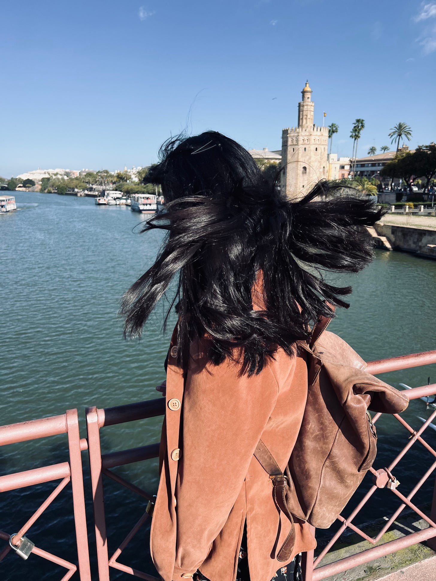 A woman wearing a brown jacket is standing on a bridge and turned away from the camera. She is looking at a river on a sunny day. Her hair whips around her head. 