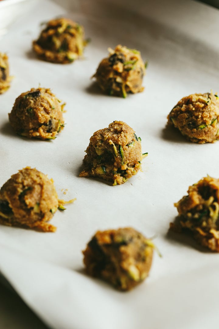 Brown butter zucchini cookies before and after baking.