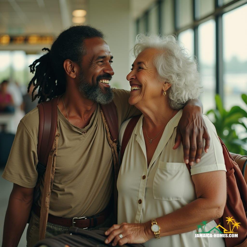 Couple arriving in Jamaica, capturing the joy and emotion of coming home. Couple arriving in Jamaica, capturing the joy and emotion of coming home.