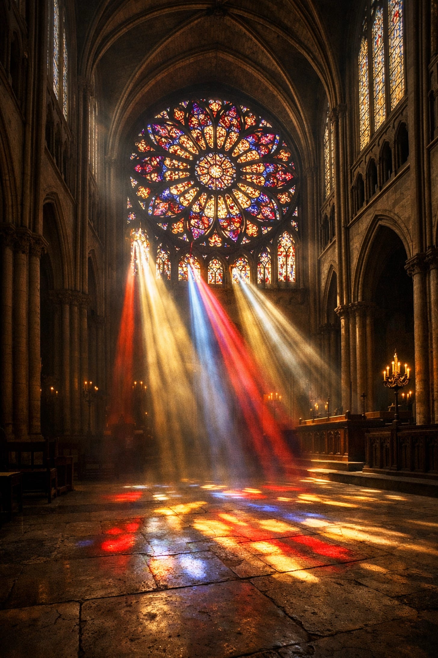 Vibrant light through a cathedral stained-glass window, symbolizing the transition from Saturday silence to Easter glory.