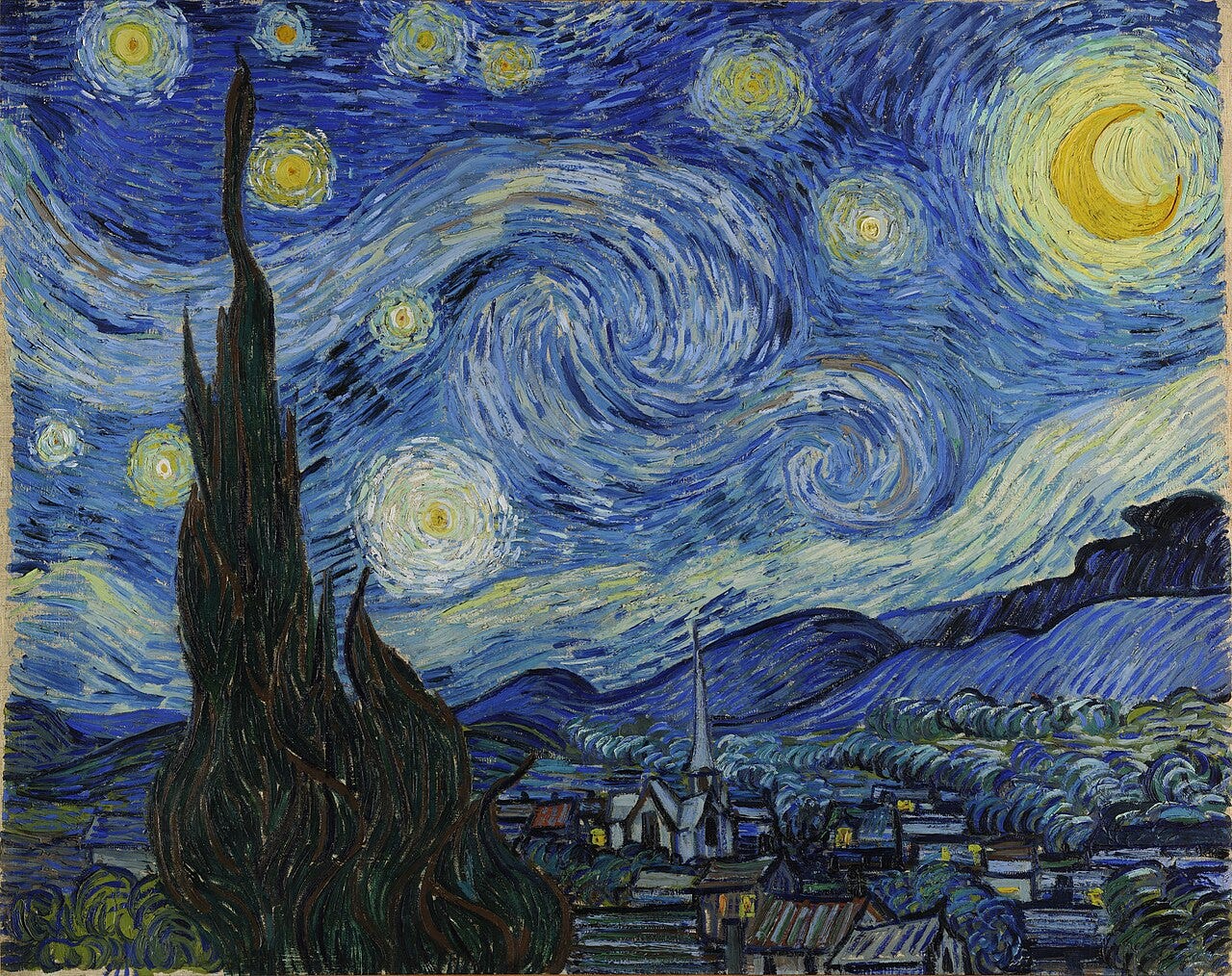 Van Gogh's The Starry Night, a swirling night sky over a village with a tall cypress in front Van Gogh's The Starry Night, a swirling night sky over a village with a tall cypress in front