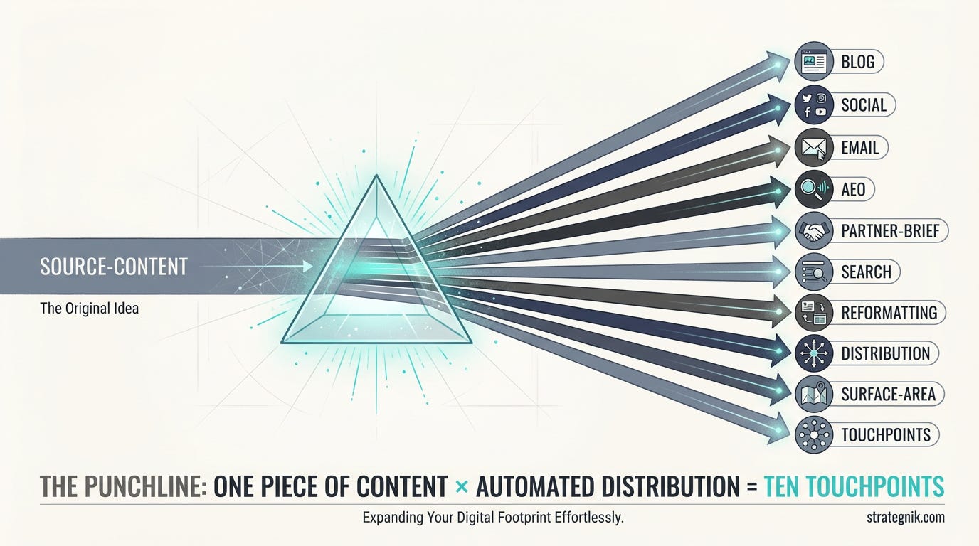 One piece of content multiplied across ten channels through automated distribution One piece of content multiplied across ten channels through automated distribution