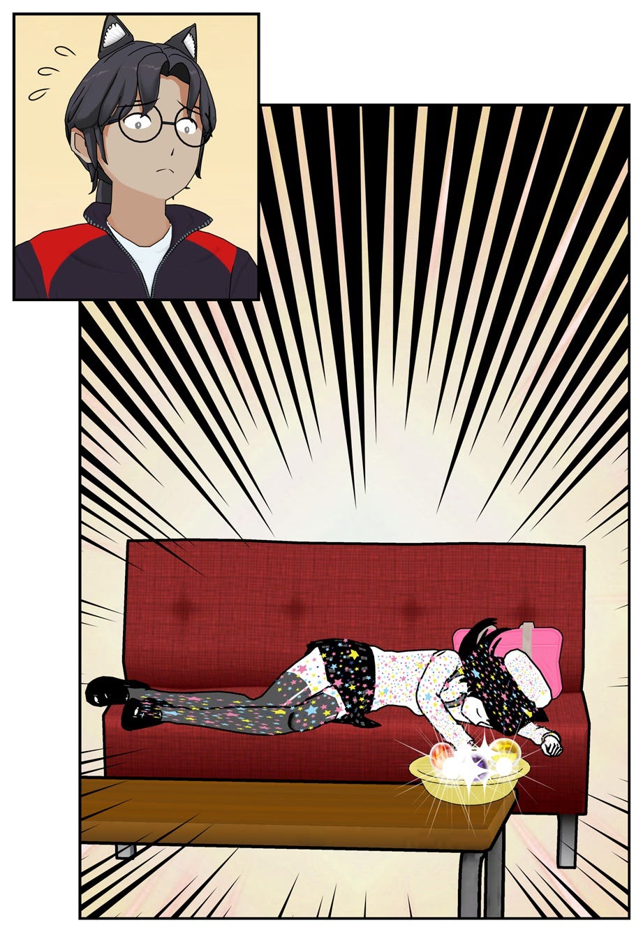 Ruff finds Rae sprawled prone on the sofa, painted white with polka dots and deathly still.