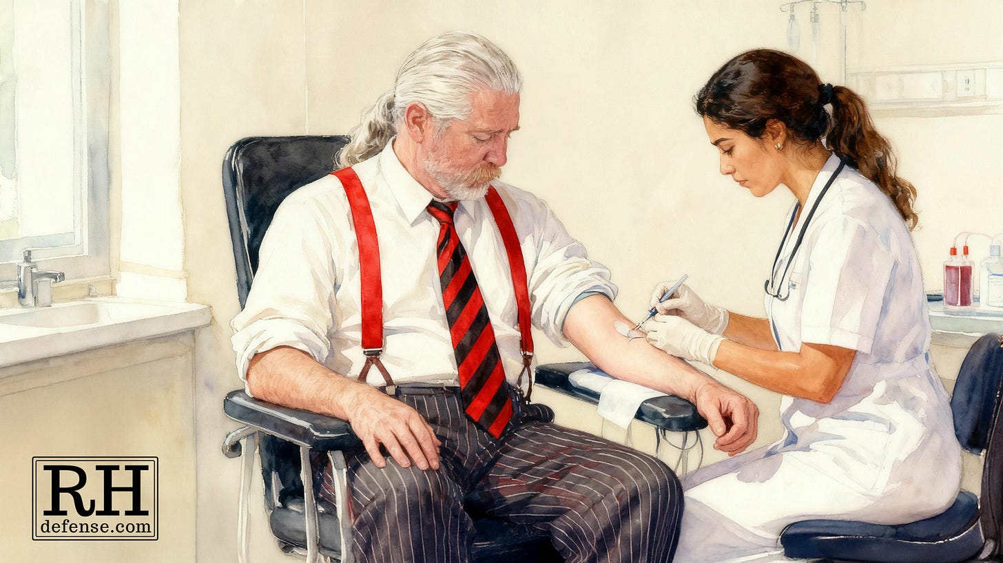 A man in formal attire with red suspenders and a striped tie sits calmly as a nurse draws his blood in a bright medical room, symbolizing patience, vulnerability, and the human cost of scrutiny.