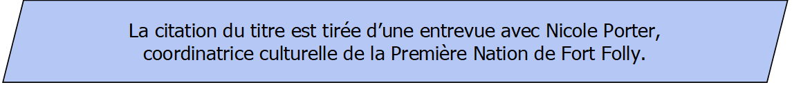 La citation du titre est tirée d’une entrevue avec Nicole Porter, coordinatrice culturelle de la Première Nation de Fort Folly.