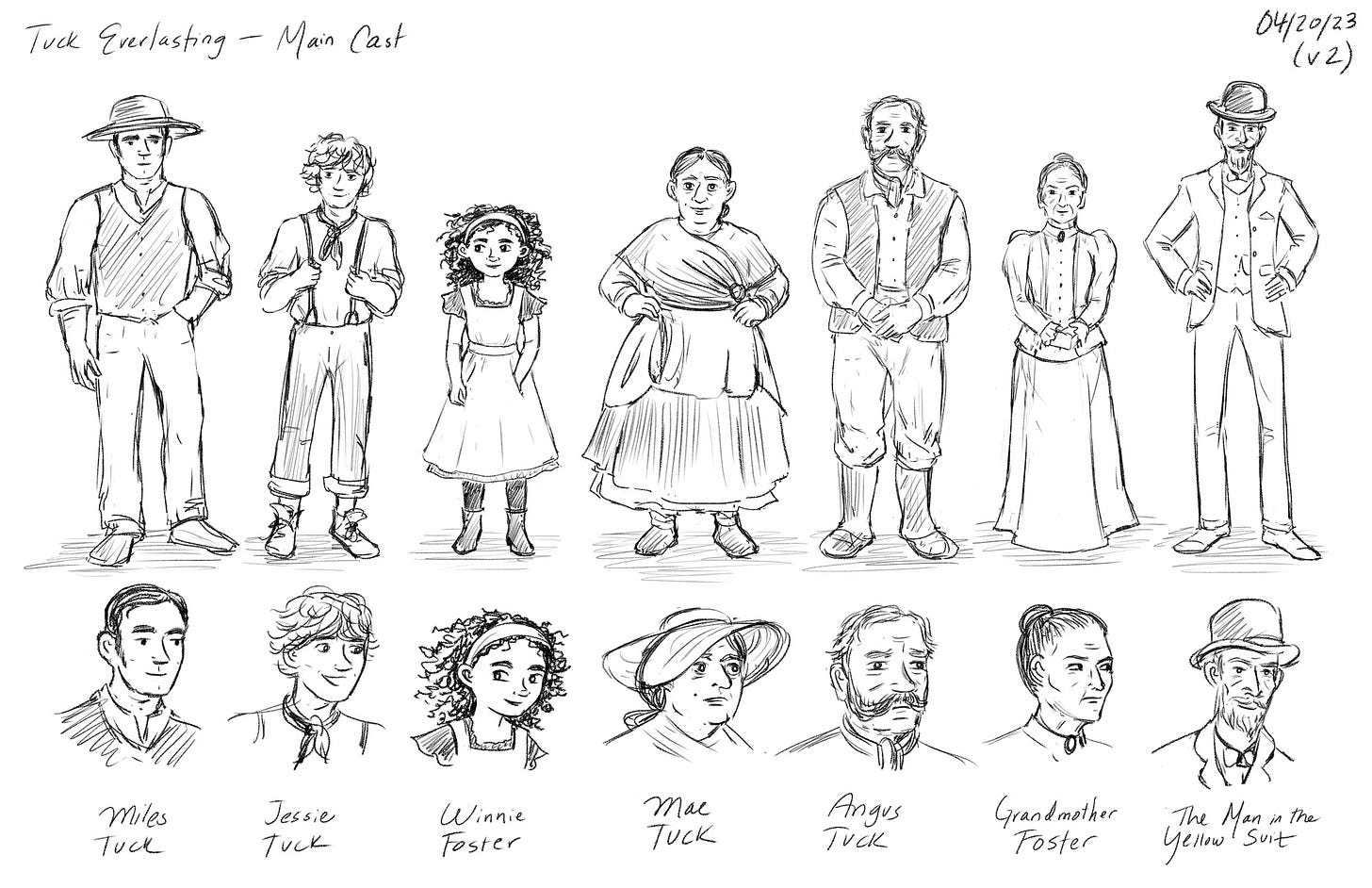 Black and white character design sheet of the characters from K. Woodman-Maynards' graphic novel adaptation of Tuck Everlasting. 