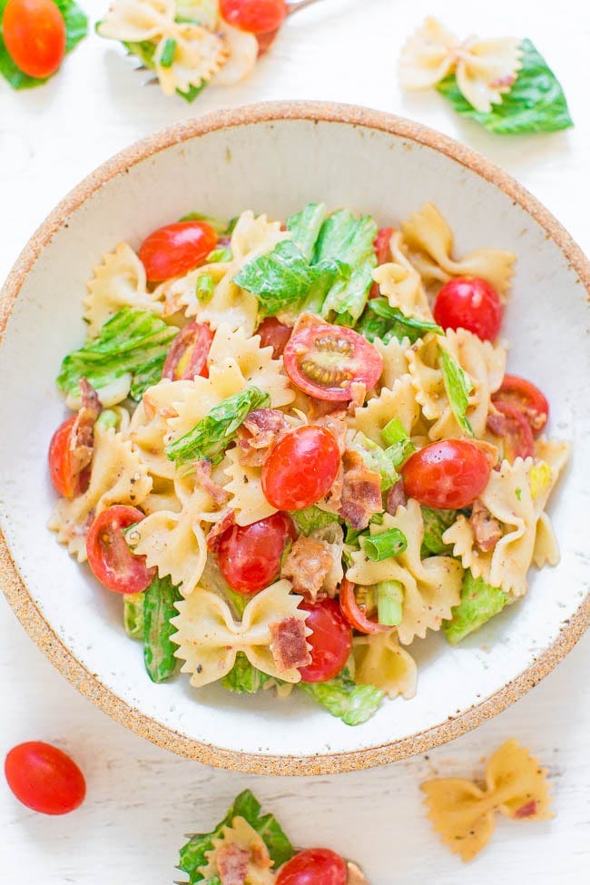 BLT Pasta Salad in white bowl