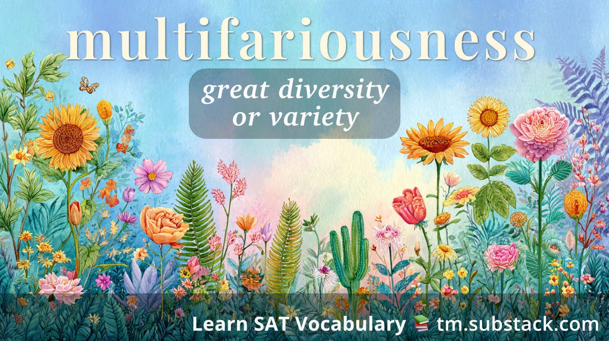 Multifariousness -- SAT word card: lush garden of many different flowers and plants, emphasizing great variety.