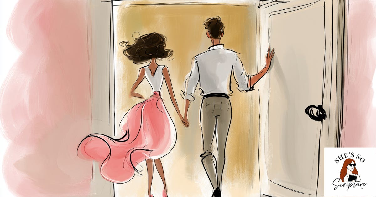 Illustration of a man and a woman holding hands walking toward an open door