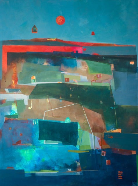 We Shine andAbstract painting by Ross Collado with layered blues and rust tones; soft edges and implied horizon suggest distance and memory.