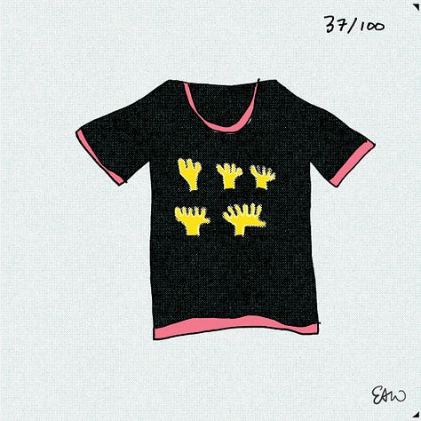 Thumbnail sktches of t-shirt concepts coloured in a limited palette