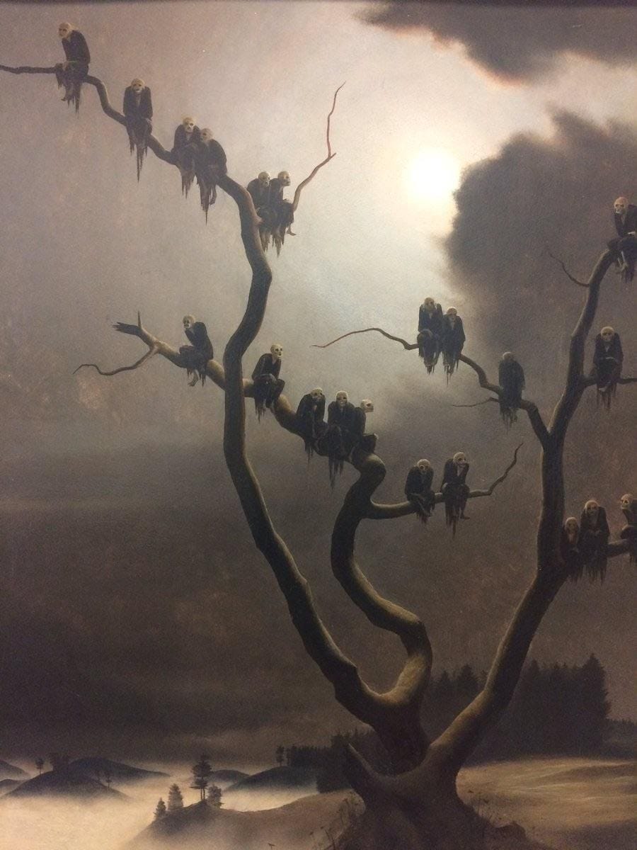 Oil painting of ghostly souls in a tree on a cloudy evening gothic atmosphere