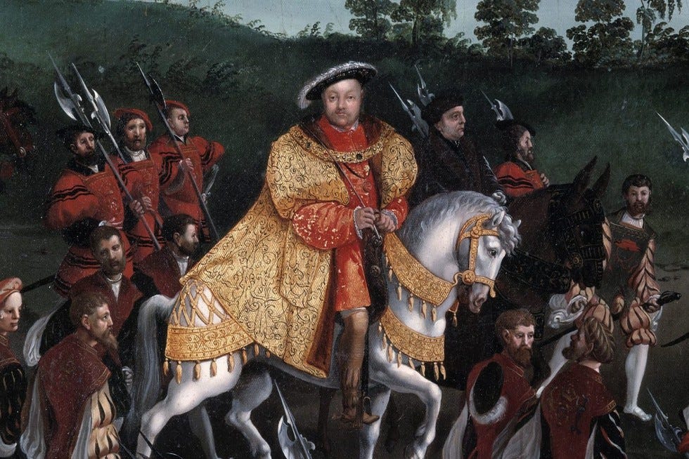 Painting of King Henry VIII on horseback in ornate clothing surrounded by attendants and soldiers.