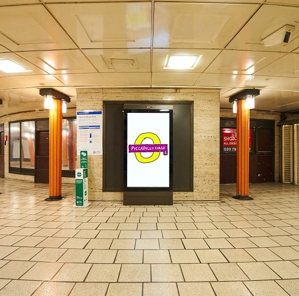 Hockney Circus - work by David Hockney displayed at Piccadilly Circus Underground station. Depiction of Piccadilly Circus roundel in yellow and pink.