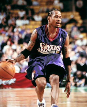 Allen Iverson dribbling a basketball in a blue uniform as a member of the Philadelphia 76ers in a 2000–01 regular season game. Allen Iverson dribbling a basketball in a blue uniform as a member of the Philadelphia 76ers in a 2000–01 regular season game.