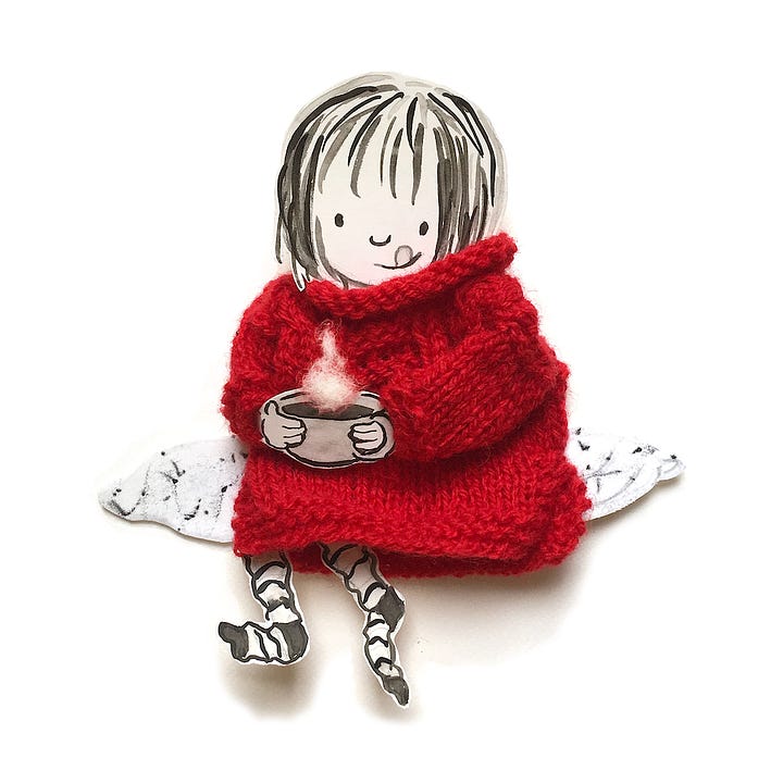 Two versions of the same textile collage illustration by Hannah Sanguinetti showing a little girl in a red hand-knitted jumper sitting on a big cushion and drinking a hot drink.