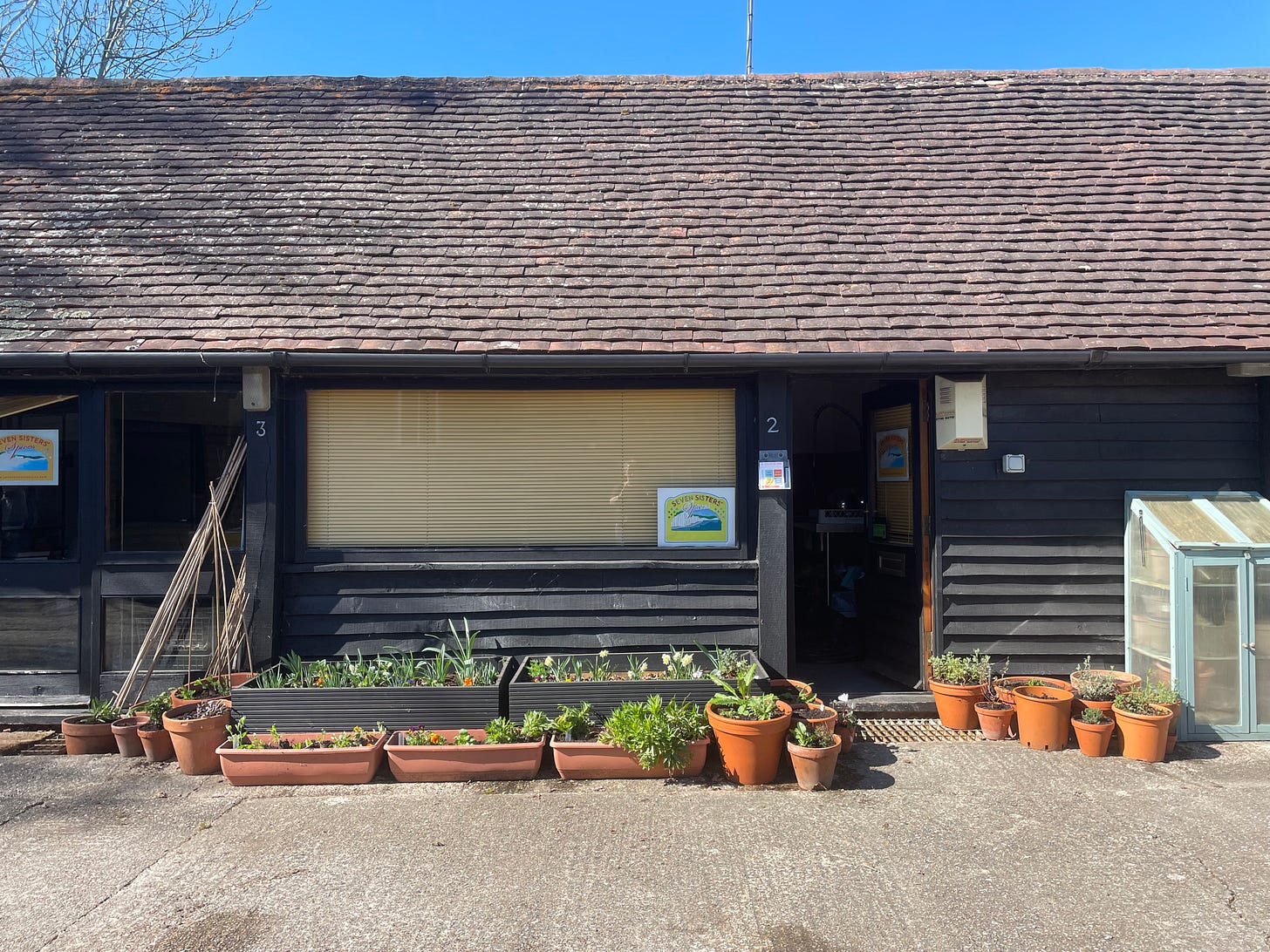 Front on view of a single storey black barn with a steep tiled roof and large window. In front are 2 raised beds and a number of different sized terracotta pots, all planted up with young bedding plants, some herbs and vegetables.