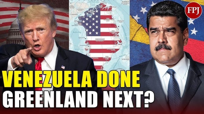 Donald Trump and Nicolas Maduro split-screen image showing US expansionist foreign policy shift from Venezuela military intervention to Greenland annexation threats against NATO ally Denmark. Map displays Greenland strategic Arctic territory with American flag overlay between Trump administration and Venezuelan dictator, illustrating Trump geopolitical targets pattern. Text reads Venezuela Done Greenland Next questioning US Arctic sovereignty claims and rare earth minerals acquisition strategy affecting Danish territorial integrity and European security alliance - https://bit.ly/4psNI1V