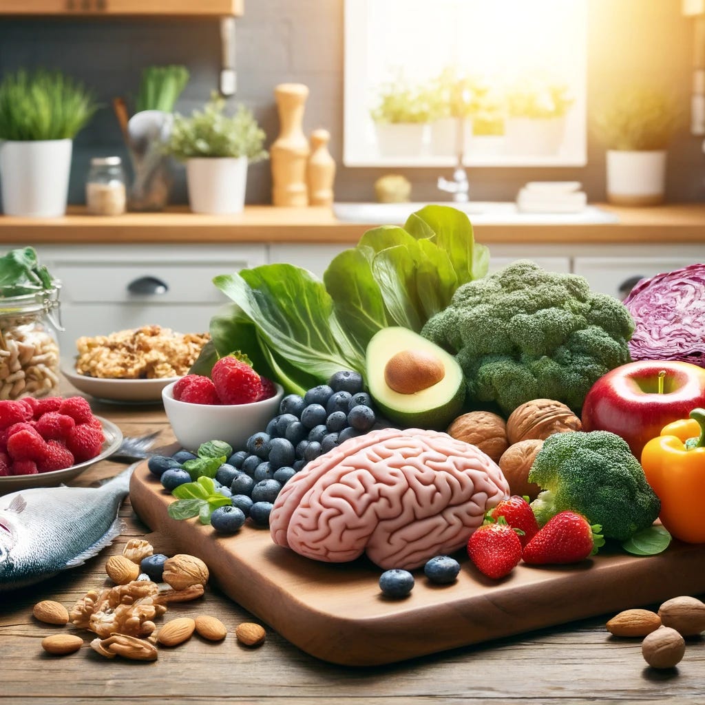 A vibrant kitchen scene featuring a variety of brain-healthy foods artfully arranged on a wooden countertop. The display includes dark leafy greens, berries, nuts, and fatty fish, all known for their cognitive benefits. The kitchen is bright and inviting, with natural light streaming in, highlighting the freshness and color of the foods. This image is ideal for an article focused on the impact of nutrition on mental health and cognitive function.