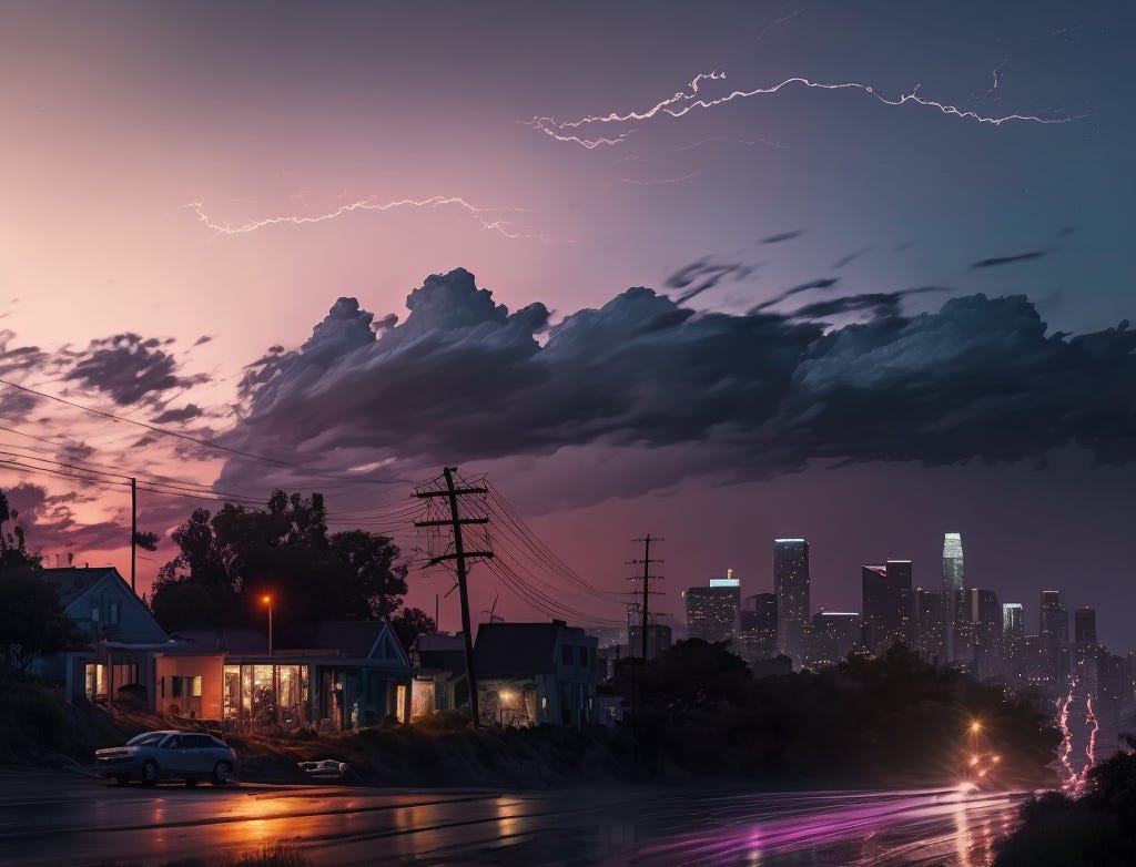 The city of angels at night with storm clouds