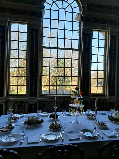 The interior of George Washington's Mount Vernon, including the dining room, parlor, a guest bedroom, Washington's library and the kitchen.
