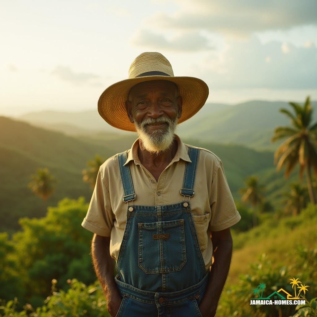 Elderly Jamaican landowner, clad in worn denim overalls and a wide-brimmed straw hat, stands proudly in front of his lush, vibrant Caribbean landscape, with rolling hills and swaying palm trees stretching towards the horizon. Warm, golden light casts a gentle glow on his weathered face, etched with the lines of a life well-lived.