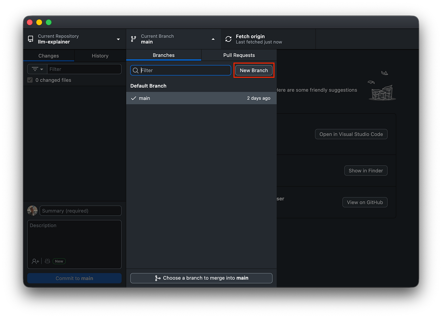 GitHub Desktop branch dropdown menu with the "New Branch" button highlighted.