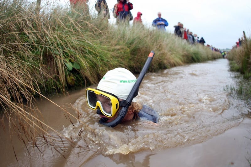 A bog snorkeller wading their way through a peat bog in the UK