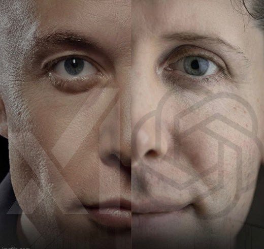 A split image showing the faces of Elon Musk on the left and Sam Altman on the right, merged at the nose. Both individuals have light skin, blue eyes, and short hair. A watermark with a geometric design is visible in the center.