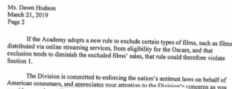 Part 2 of DOJ letter to Academy about blocking Netflix from Oscar competition. Part 2 of DOJ letter to Academy about blocking Netflix from Oscar competition.