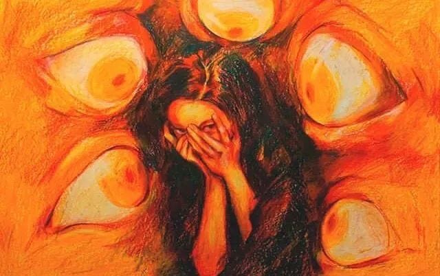 This may contain: a drawing of a woman with her hands on her face in front of an orange background