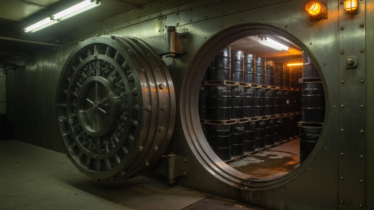 Bank vault door opening to reveal oil barrels, symbolic of petrodollar replacement for gold standard