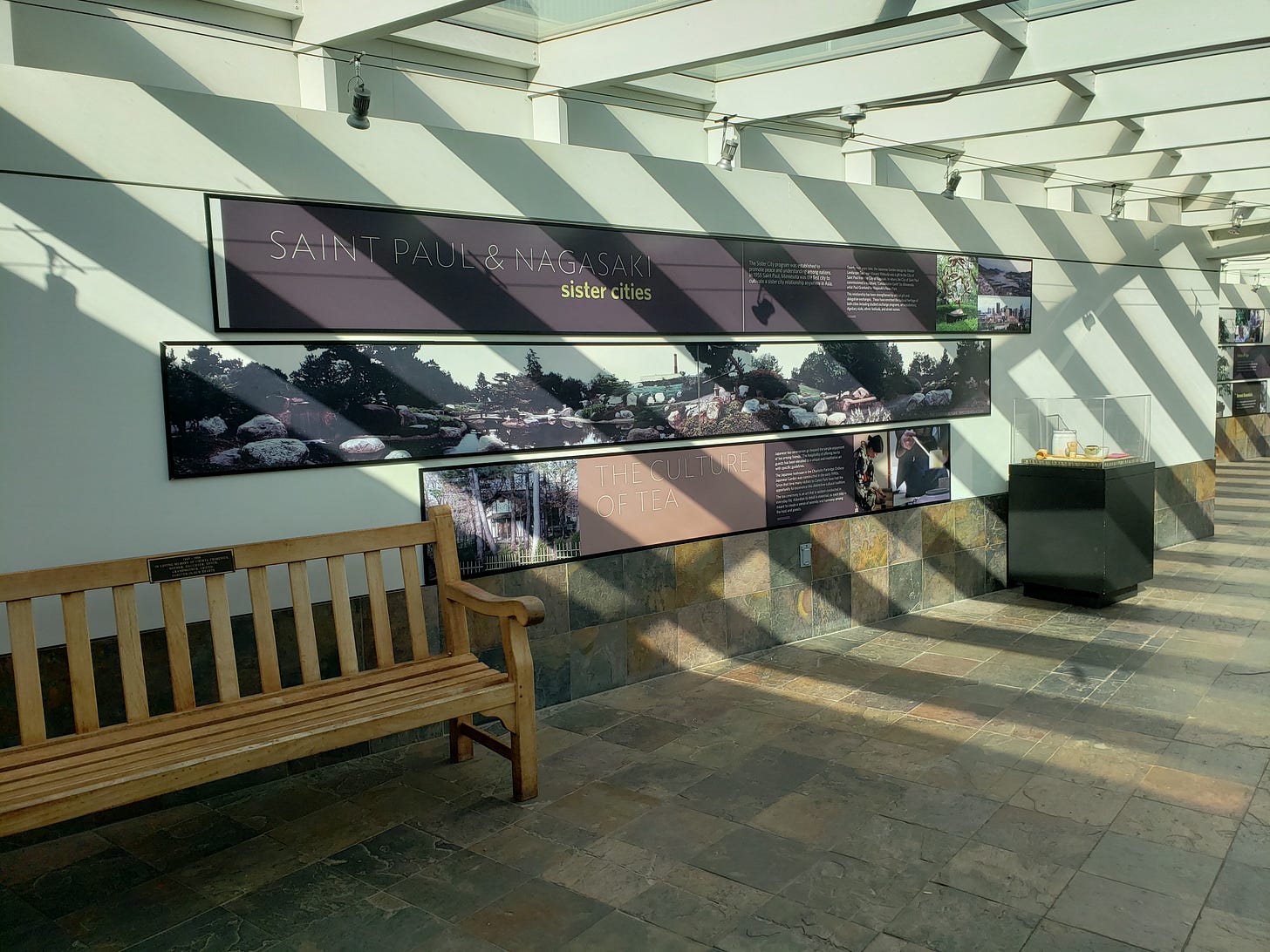 Signs on the wall offer information regarding sister cities Saint Paul & Nagasaki. Signs on the wall offer information regarding sister cities Saint Paul & Nagasaki.